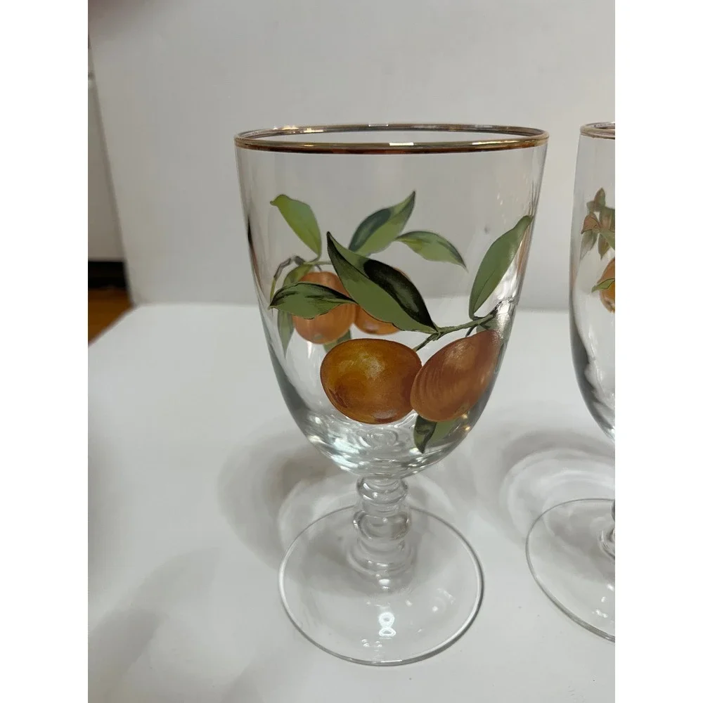 Vintage Royal Worcester Hand Painted Fruit Water Goblets Gold Rim Orange Pear